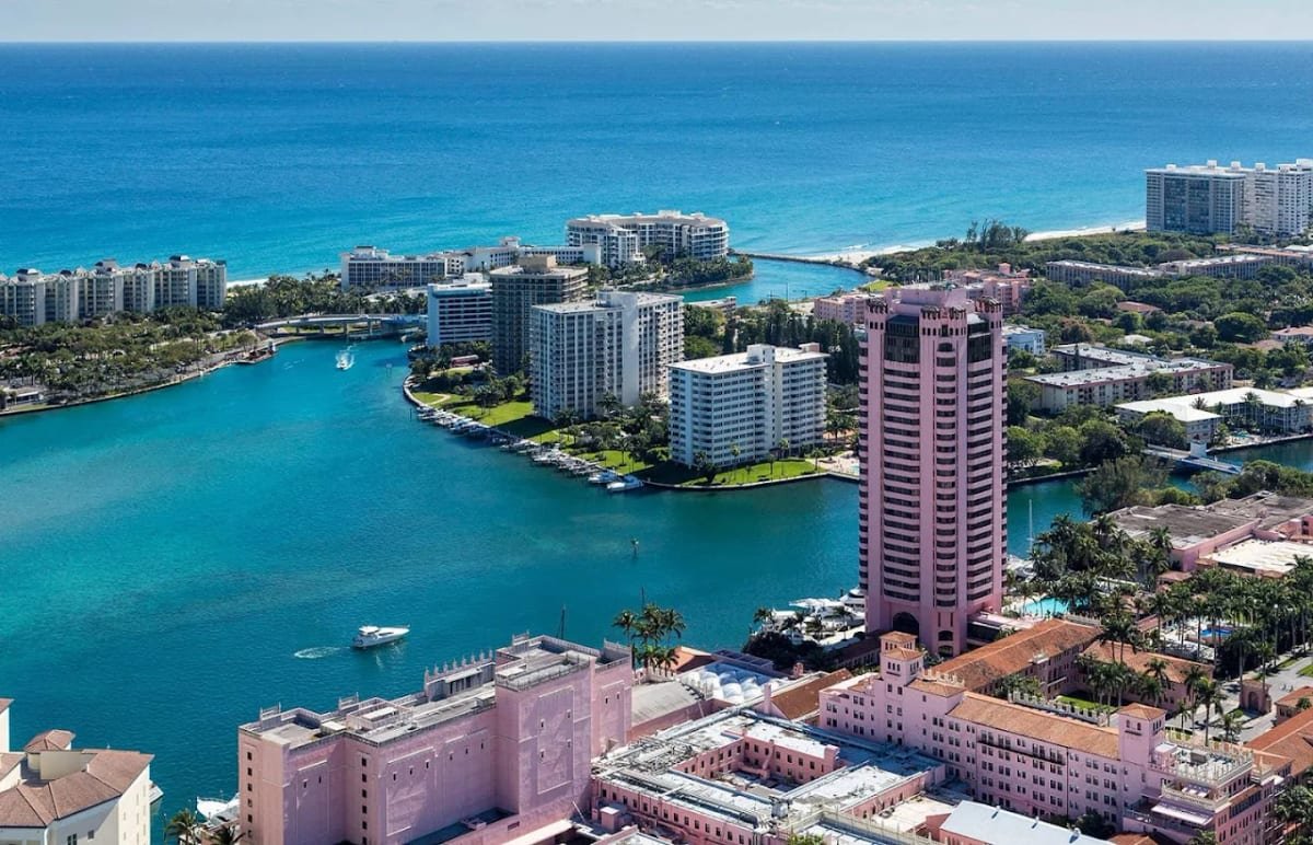 Aerial view of the Boca Raton, FL waterway and coastline