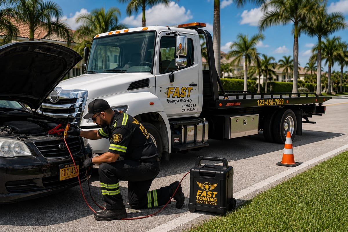Fast Towing LLC technician jump-starting a car using a portable jump box