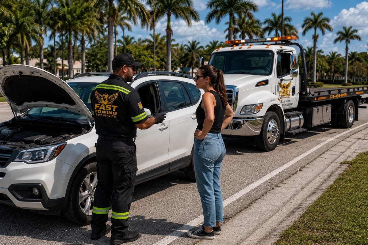 Fast Towing LLC technician assisting a driver with a roadside vehicle inspection
